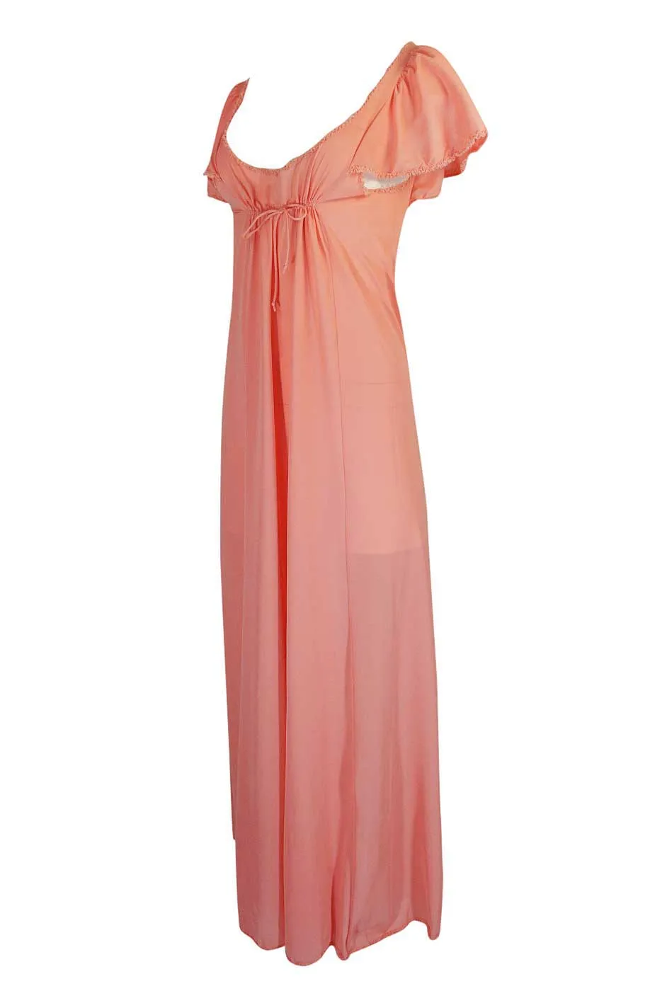 1970s Front Gathered Pink Coral Nylon Lingerie Dress