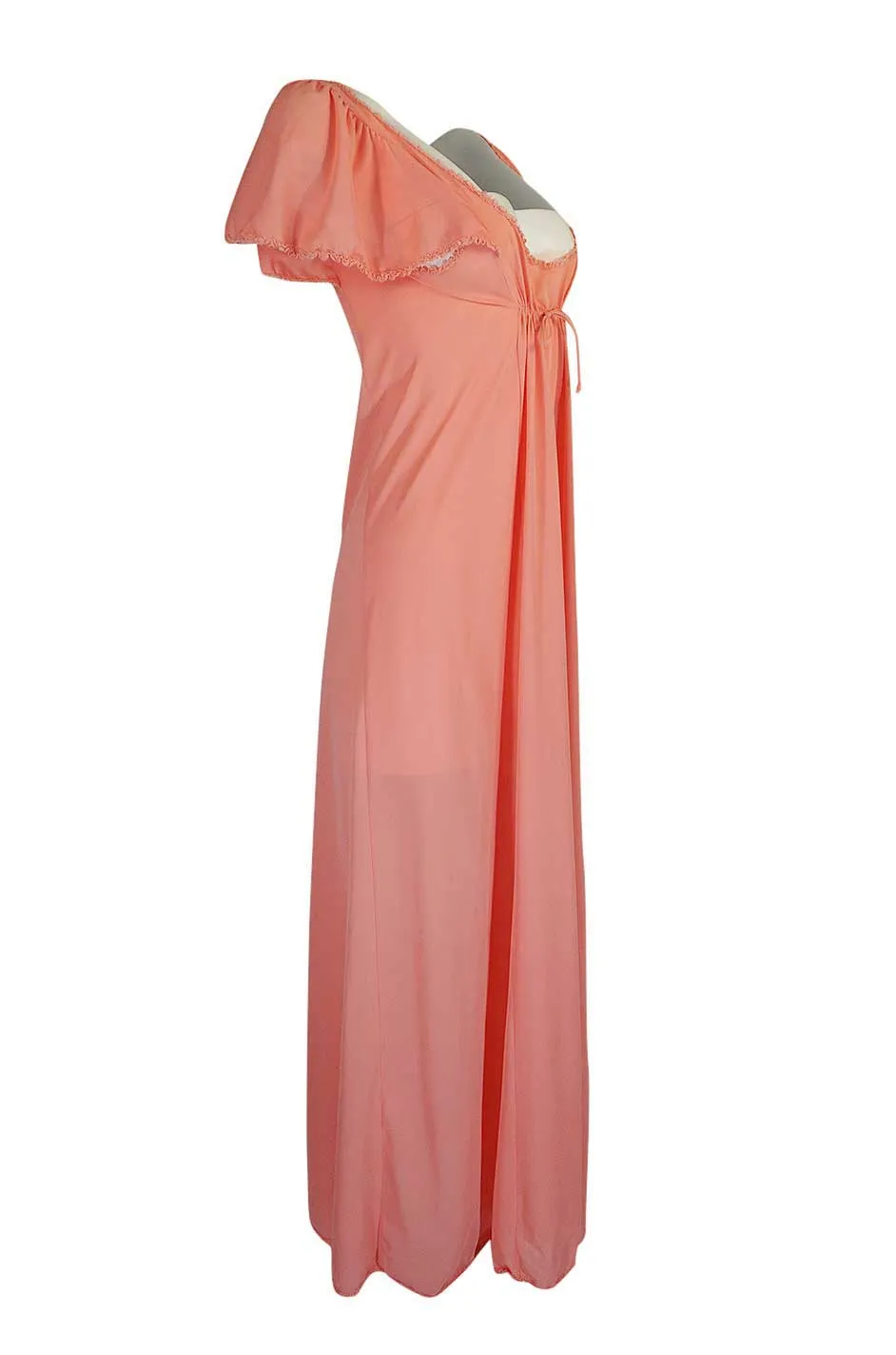 1970s Front Gathered Pink Coral Nylon Lingerie Dress