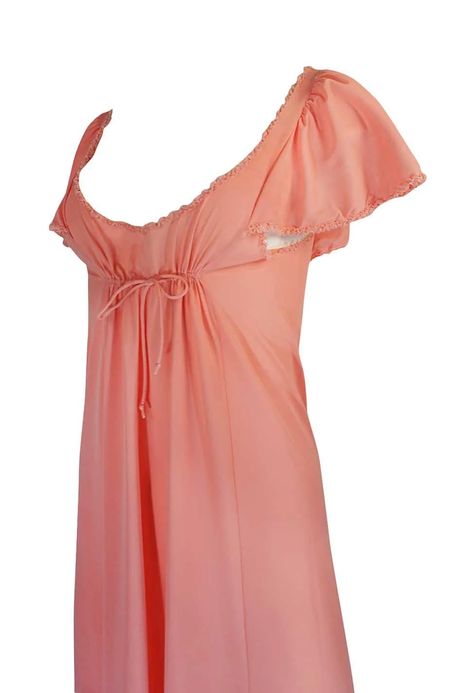 1970s Front Gathered Pink Coral Nylon Lingerie Dress