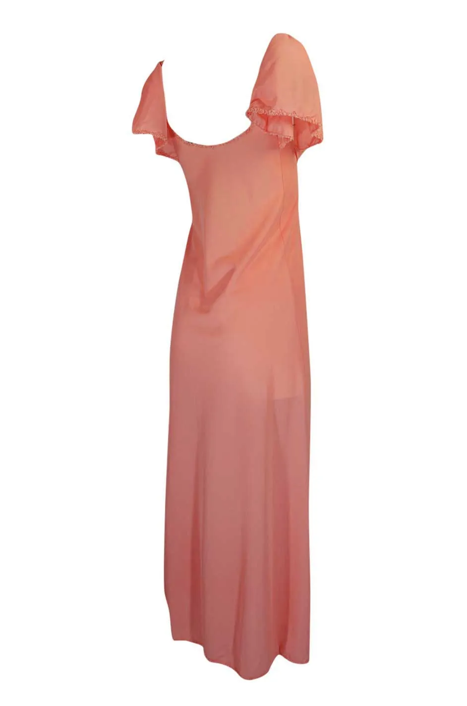 1970s Front Gathered Pink Coral Nylon Lingerie Dress