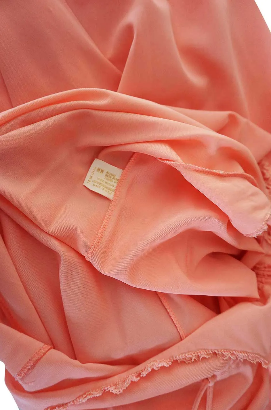 1970s Front Gathered Pink Coral Nylon Lingerie Dress
