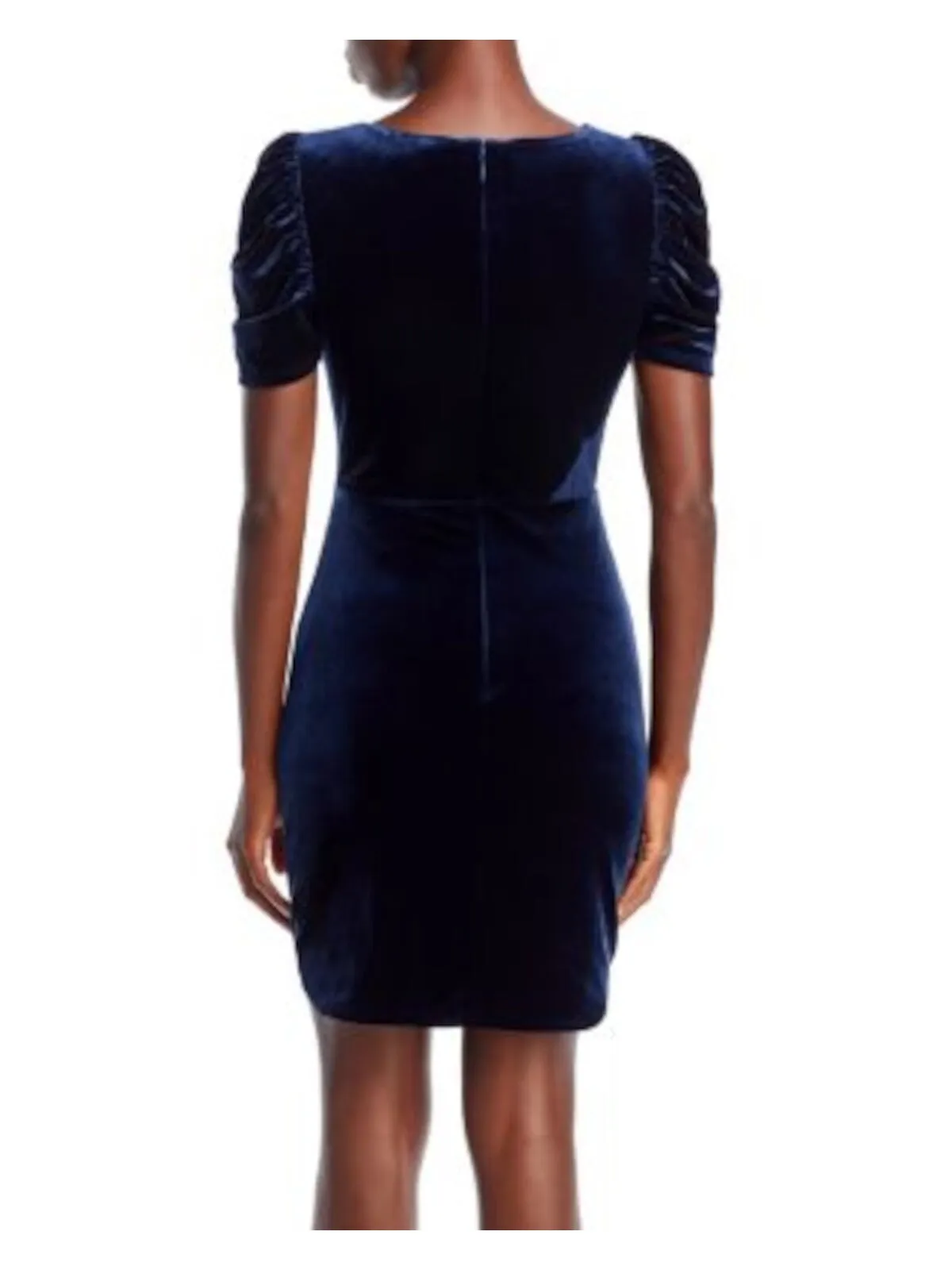 BCBG MAXAZRIA Womens Navy Ruched Zippered Mesh Side Panel Draped Skirt Pouf Sleeve Round Neck Short Cocktail Sheath Dress