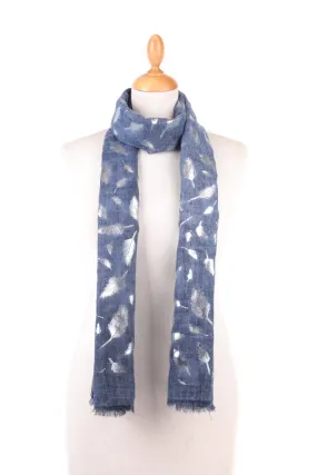Becky Foil Leaf Print Scarf Denim Blue