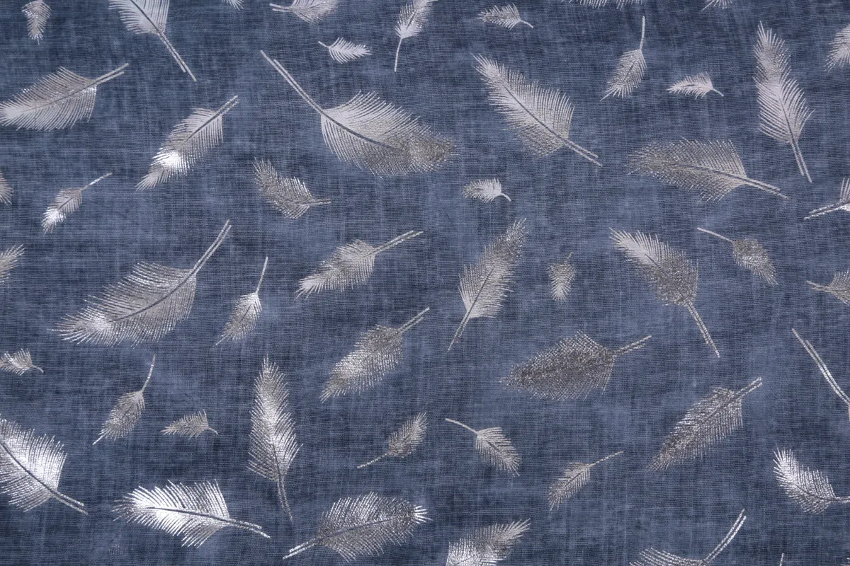 Becky Foil Leaf Print Scarf Denim Blue
