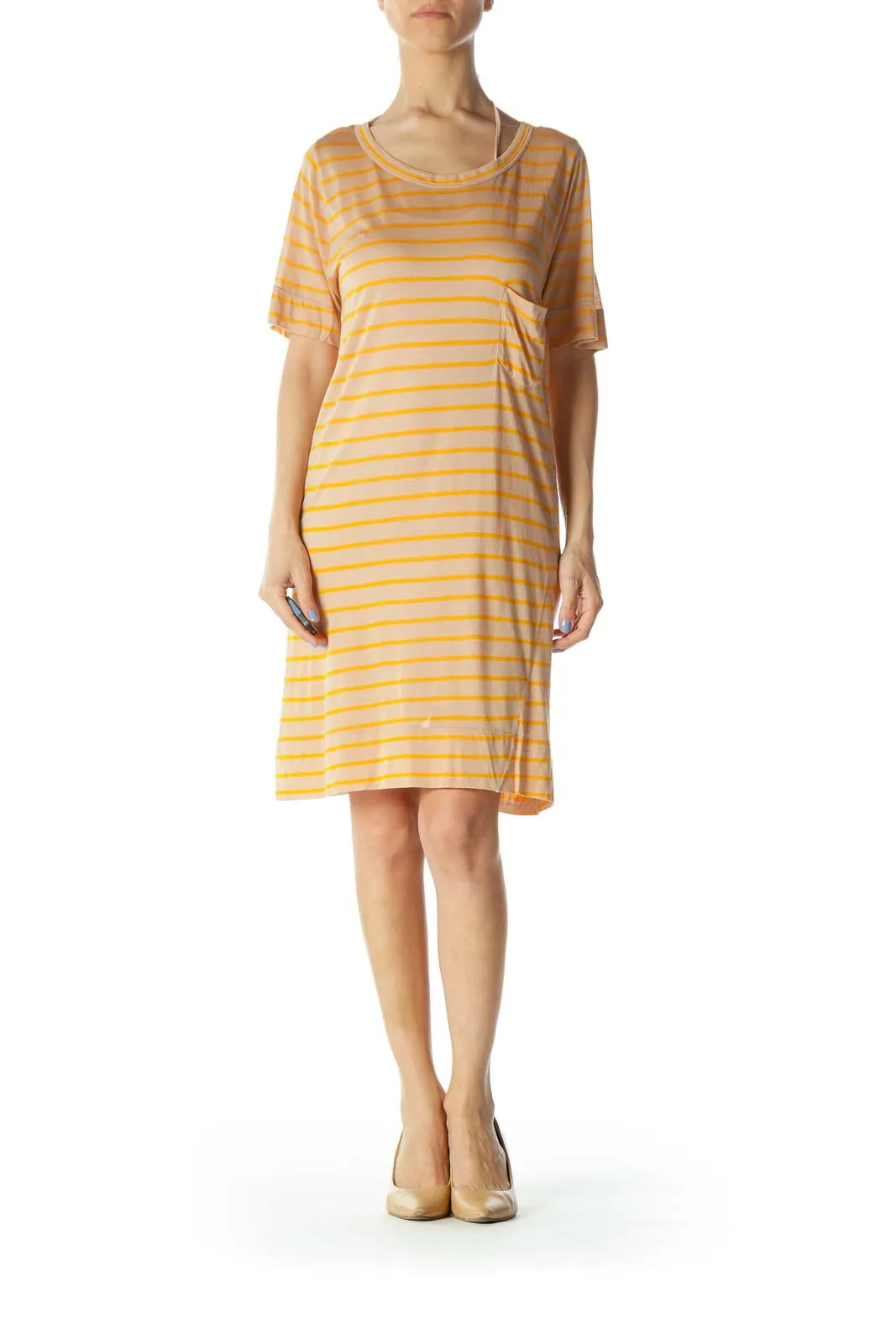 Beige & Orange Striped Designer Knit Shirt Dress