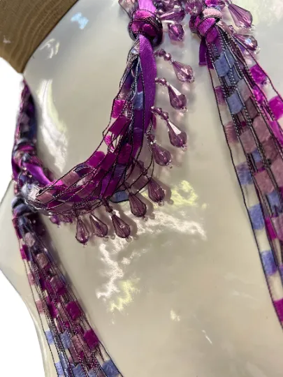 Boho Beaded Lightweight Mohair Scarf Necklace - Purple Mix w/Purple Beads