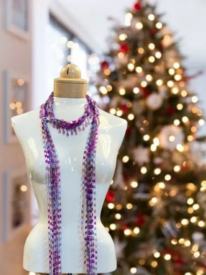 Boho Beaded Lightweight Mohair Scarf Necklace - Purple Mix w/Purple Beads