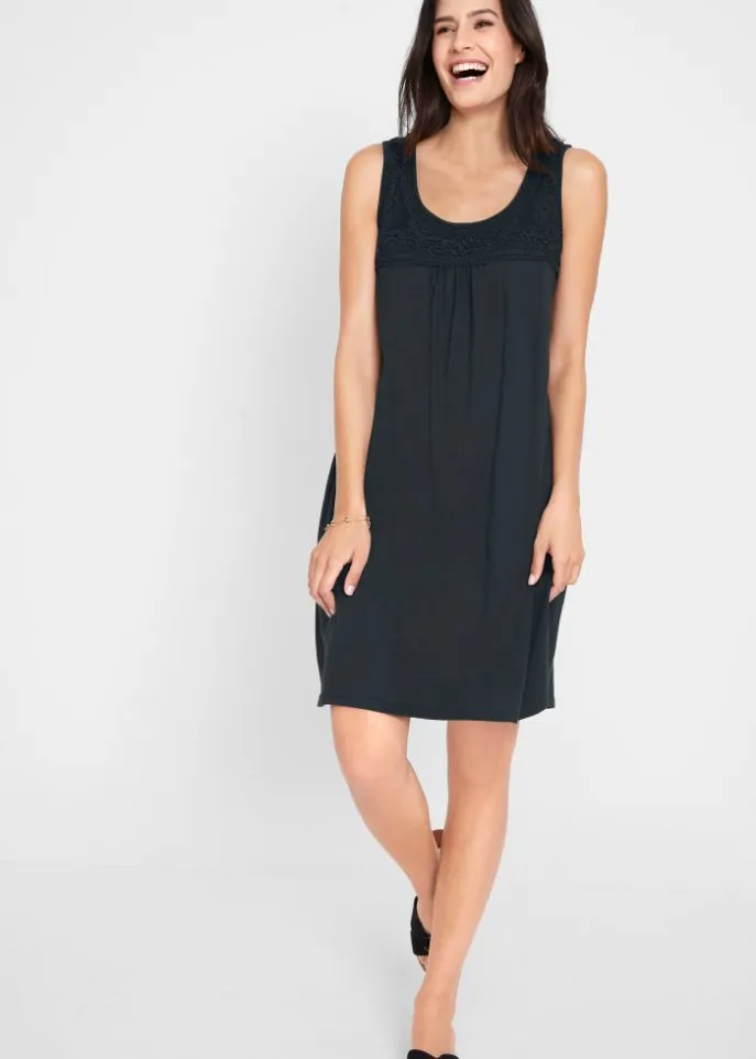 Bpc Bonprix Collection Short Sleeveless Cotton Shirt Dress with Lace, Black