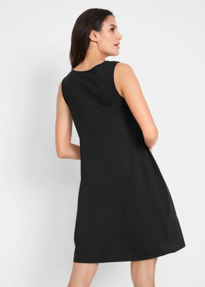 Bpc Bonprix Collection Short Sleeveless Cotton Shirt Dress with Lace, Black