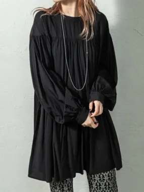 deanwangkt Puff Sleeve Stand Collar Long Sleeve Pleated Casual Shirt Dress