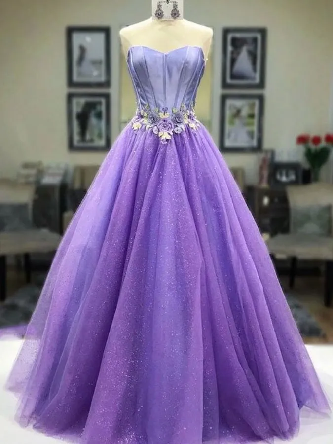 Glitter Lavender Strapless Ball Gown Prom Dress, 21121317