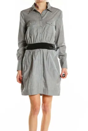 Gray Button-Up Shirt Dress with Black Belt