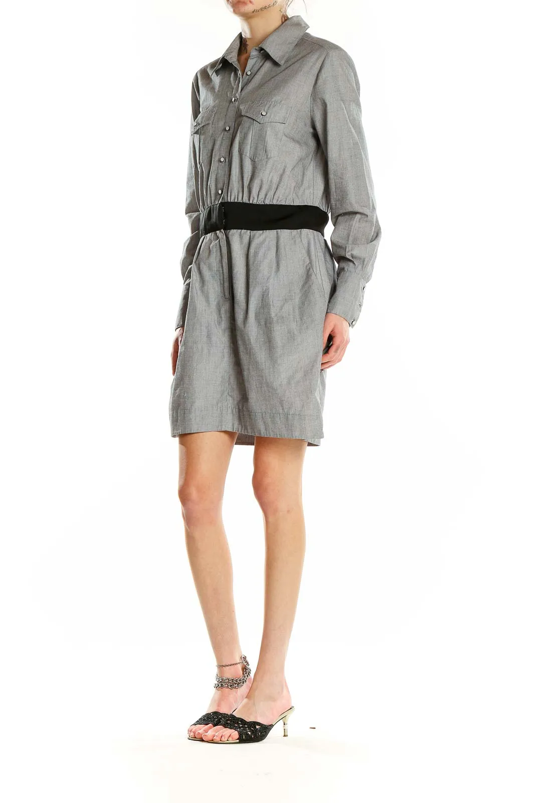 Gray Button-Up Shirt Dress with Black Belt