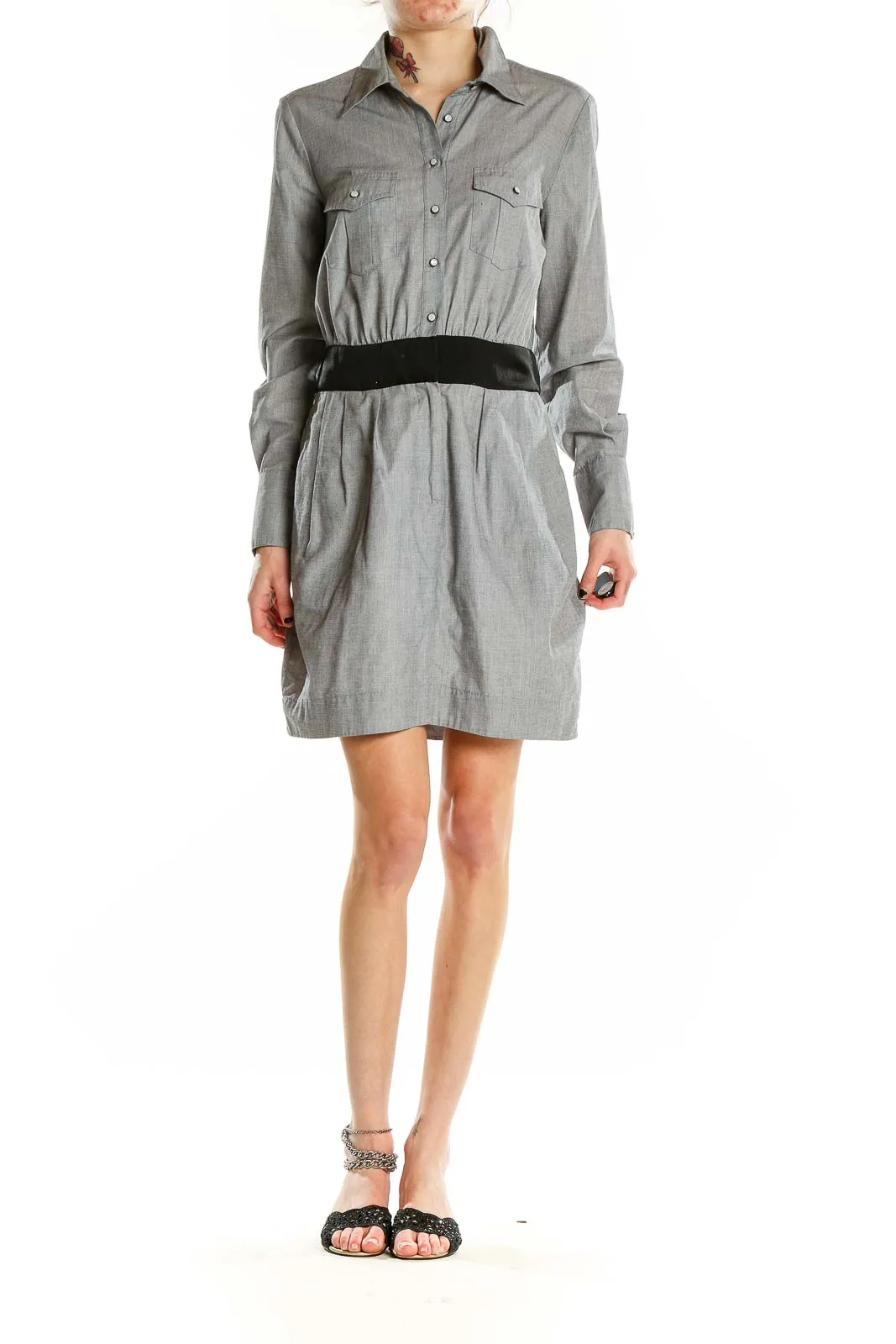 Gray Button-Up Shirt Dress with Black Belt