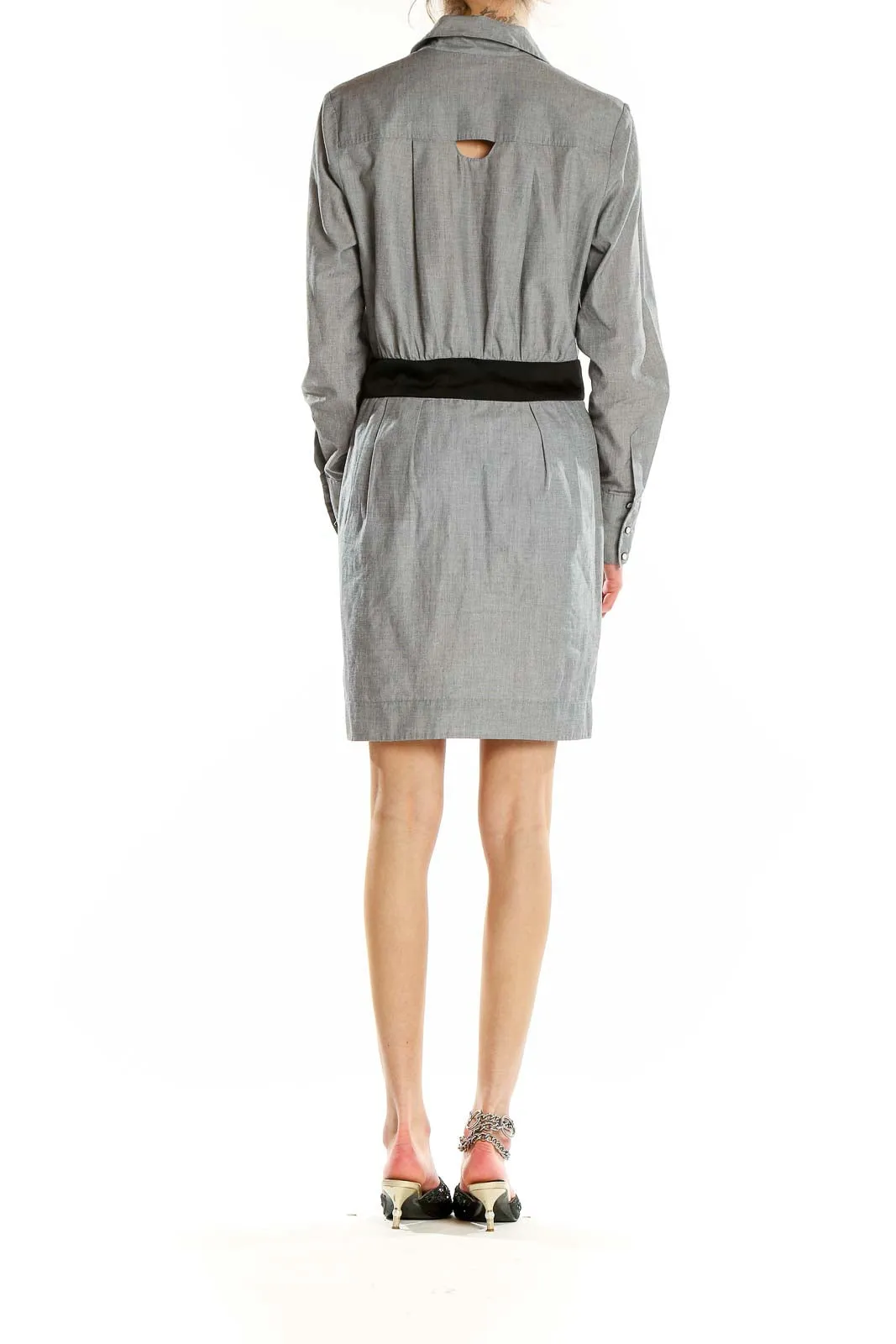 Gray Button-Up Shirt Dress with Black Belt