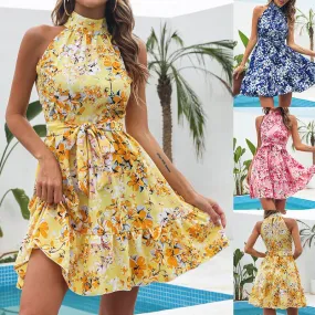 Halter Summer Dress Fashion Lace-up Ruffled Dress