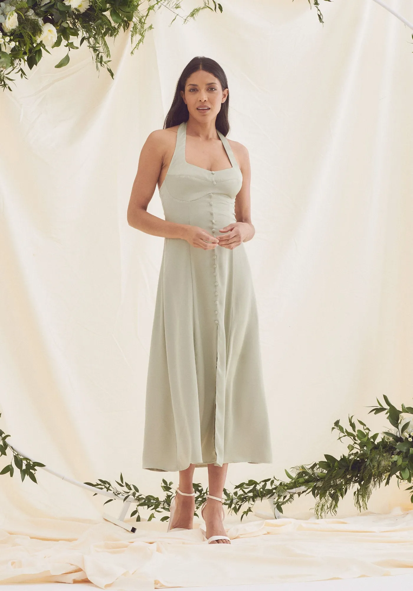Leona Halter Tie Neck Satin Midi Dress - Sage Green