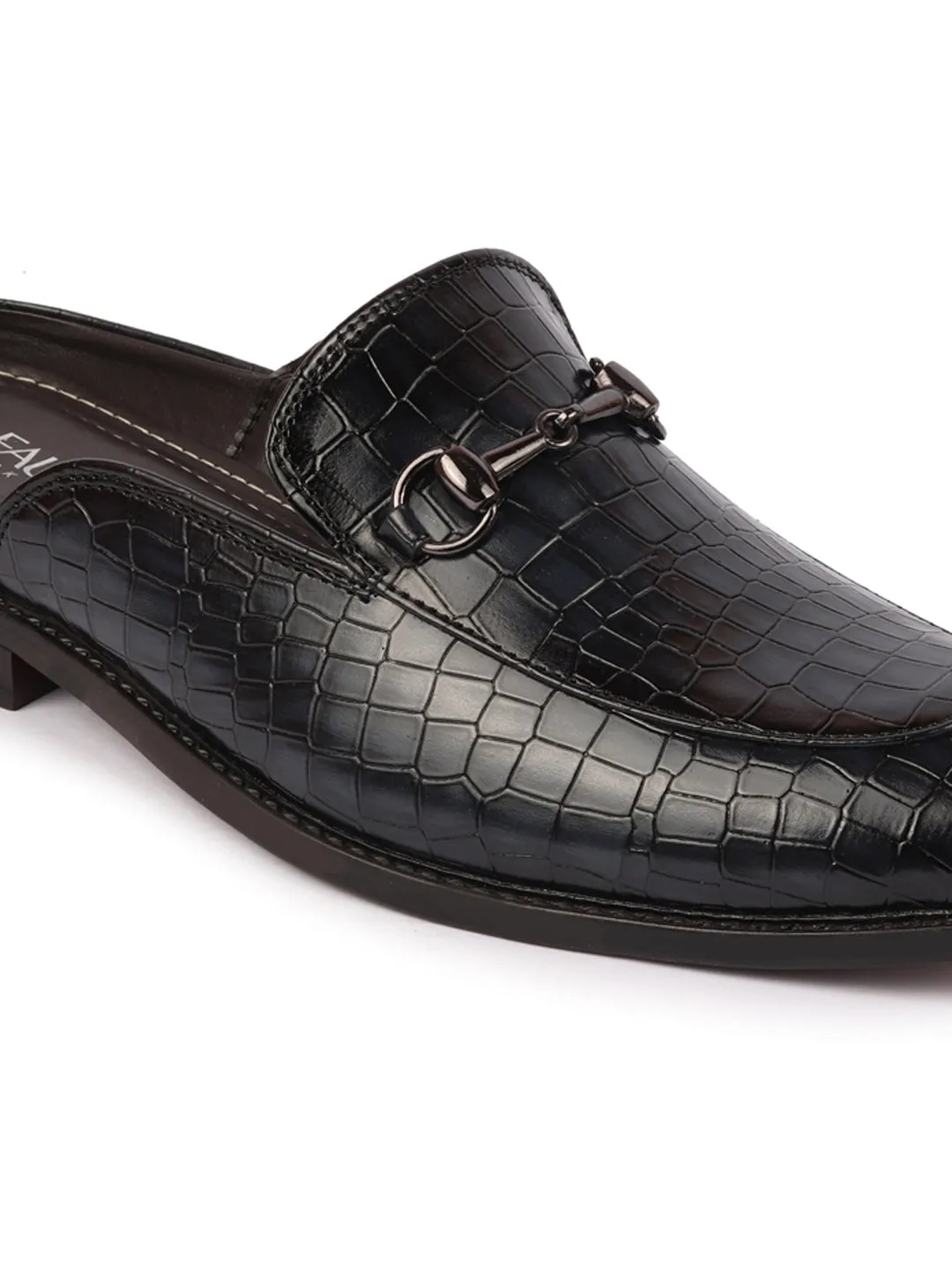 Men Blue Embossed Leopard Print Design with Horsebit Buckle Ethnic Party Back Open Slip On Mules Shoes
