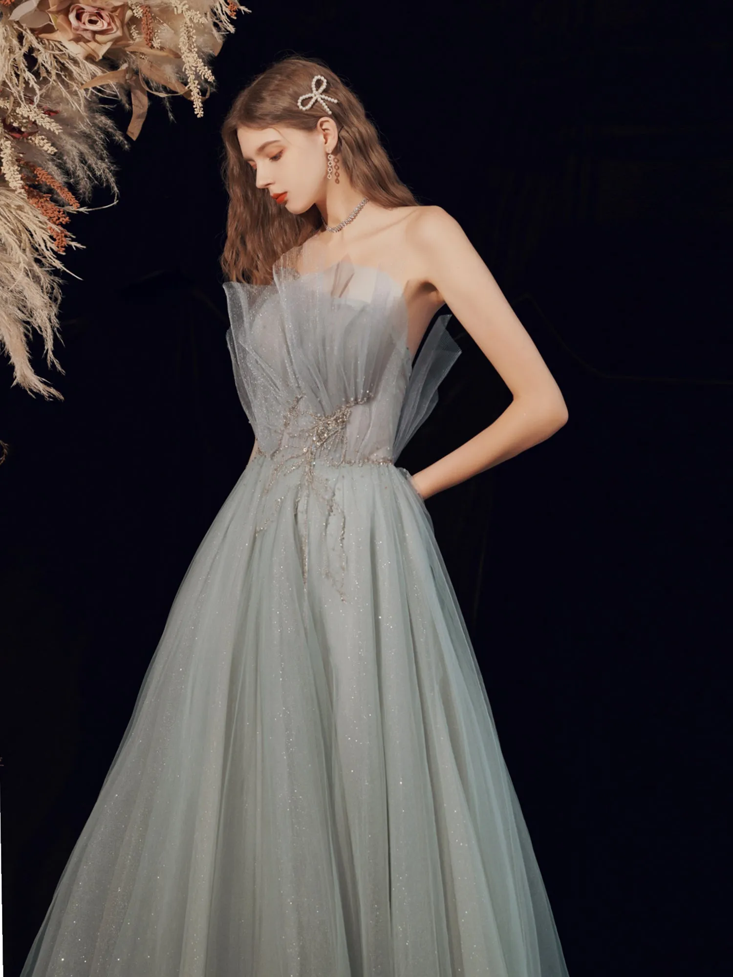 Silver Grey Strapless Occasion Prom Dress Wedding Dress