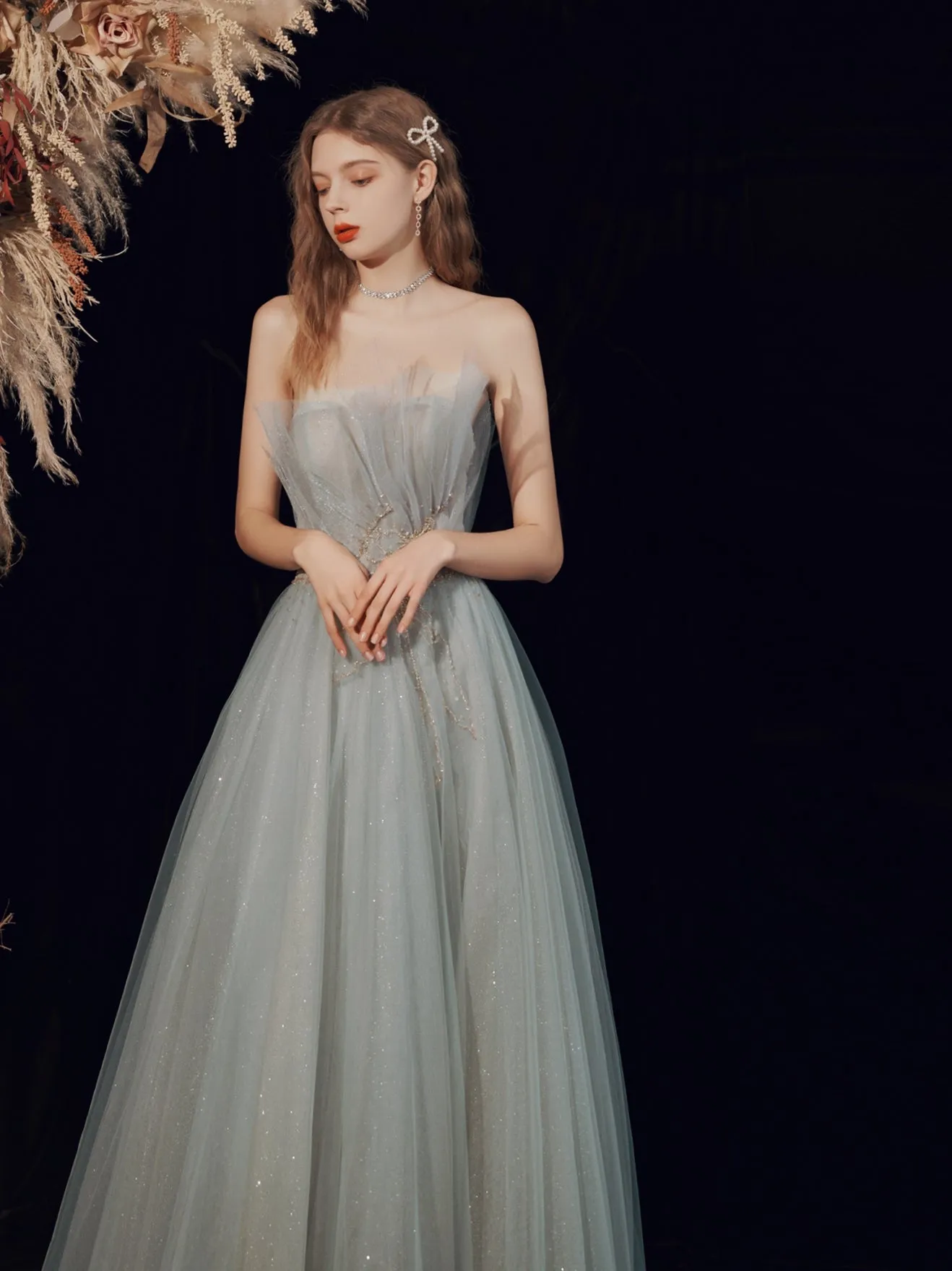Silver Grey Strapless Occasion Prom Dress Wedding Dress
