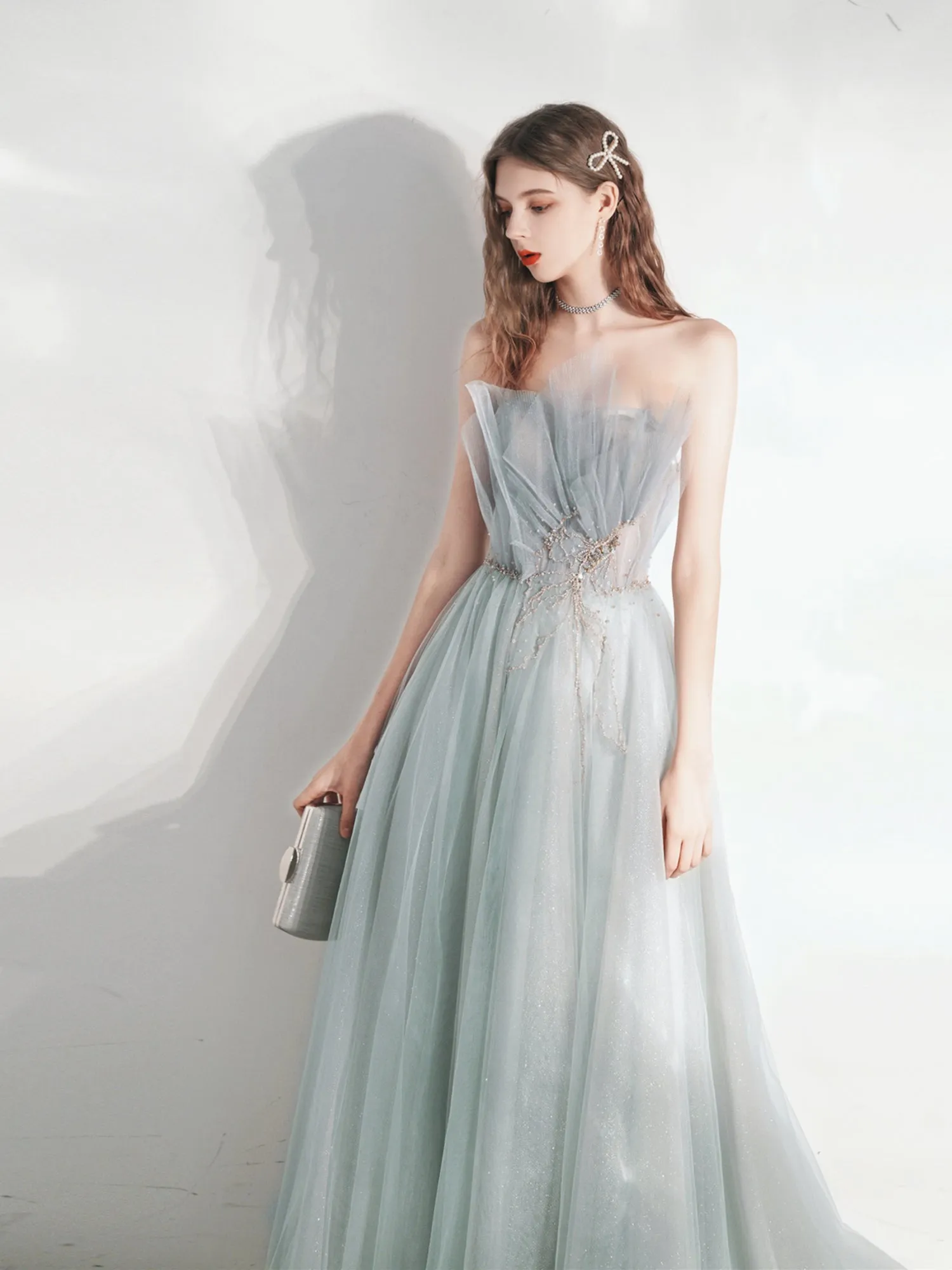 Silver Grey Strapless Occasion Prom Dress Wedding Dress