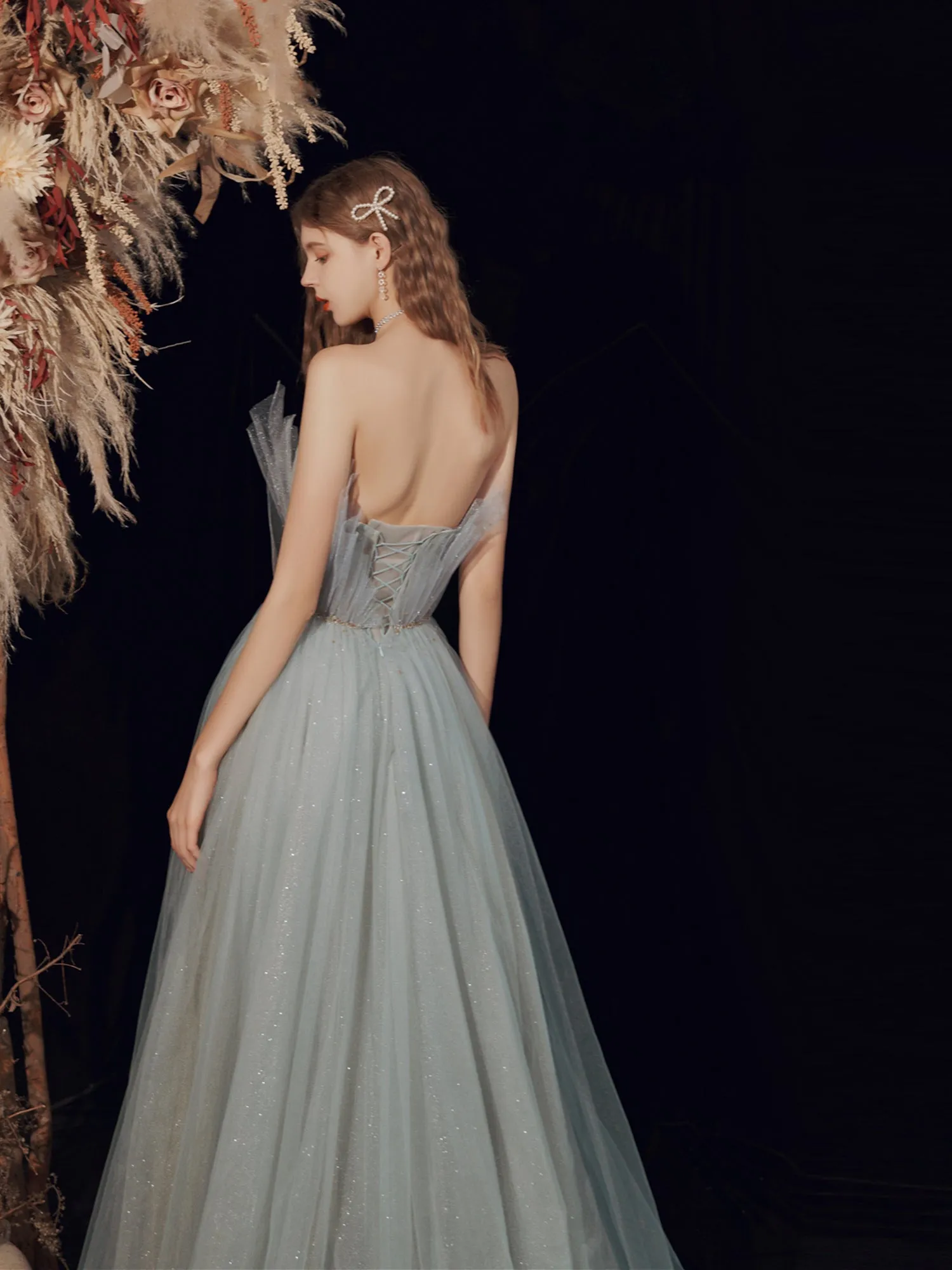 Silver Grey Strapless Occasion Prom Dress Wedding Dress