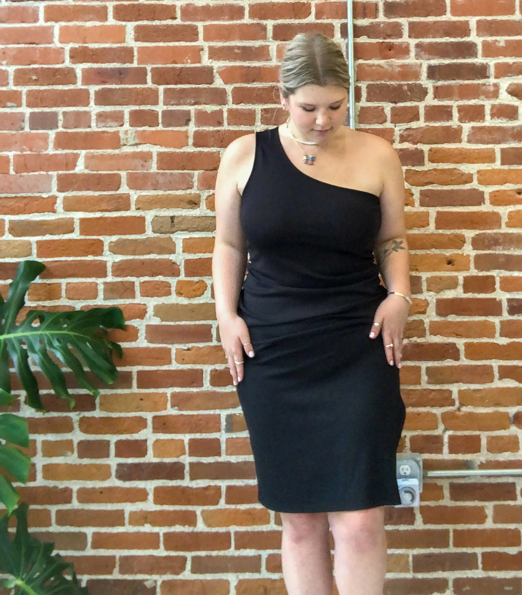 Simone One Shoulder Midi Length Dress in Black