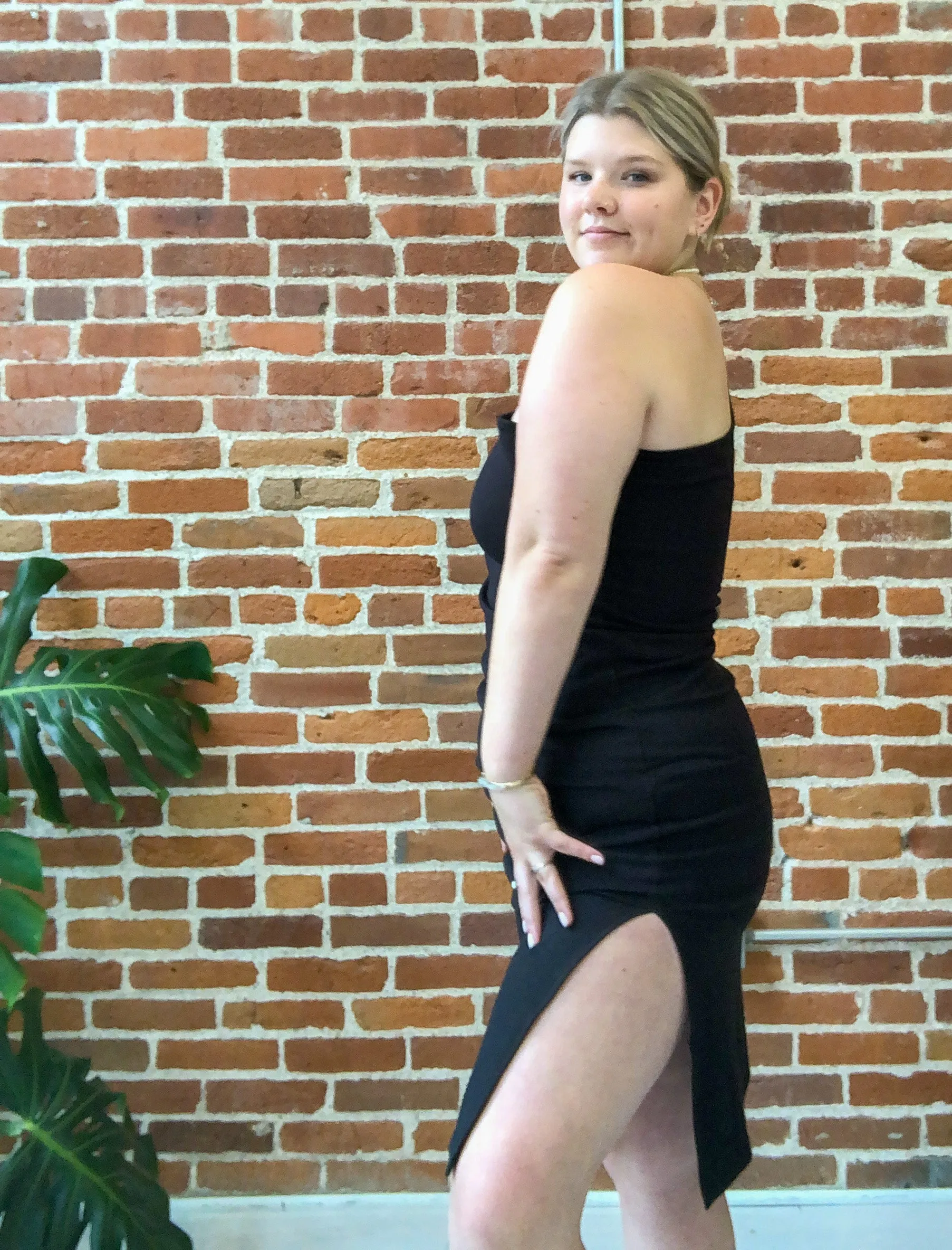 Simone One Shoulder Midi Length Dress in Black