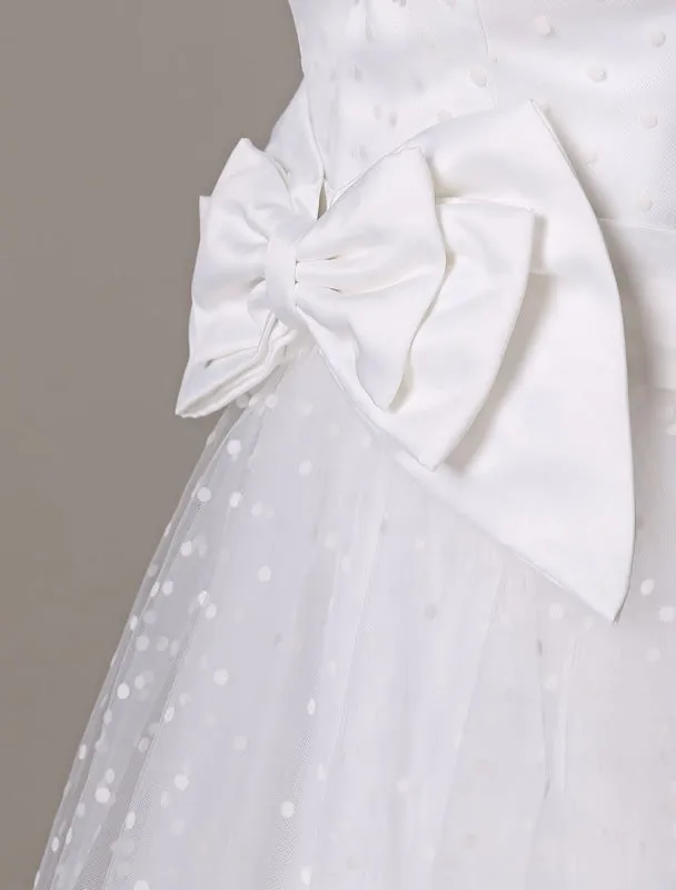 Tulle Wedding Dress Strapless A-Line Tea Length Bridal Dress With Bow Exclusive