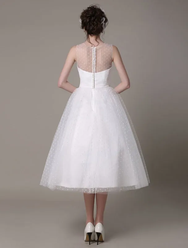Tulle Wedding Dress Strapless A-Line Tea Length Bridal Dress With Bow Exclusive