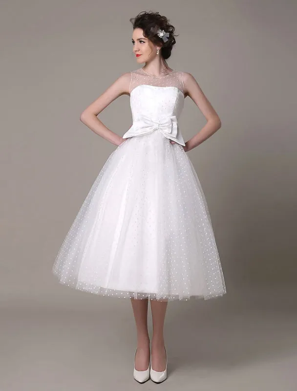 Tulle Wedding Dress Strapless A-Line Tea Length Bridal Dress With Bow Exclusive