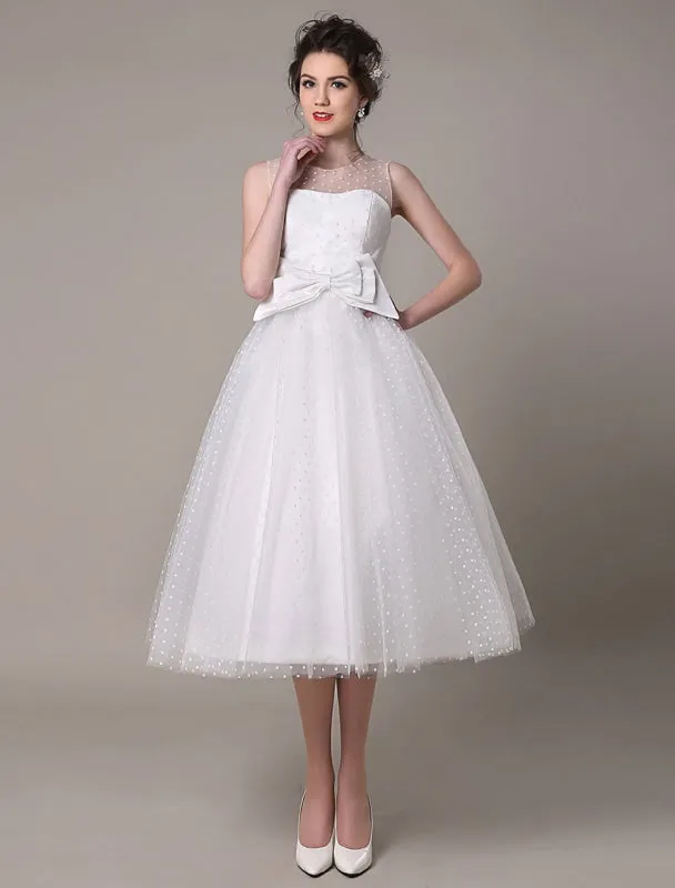 Tulle Wedding Dress Strapless A-Line Tea Length Bridal Dress With Bow Exclusive