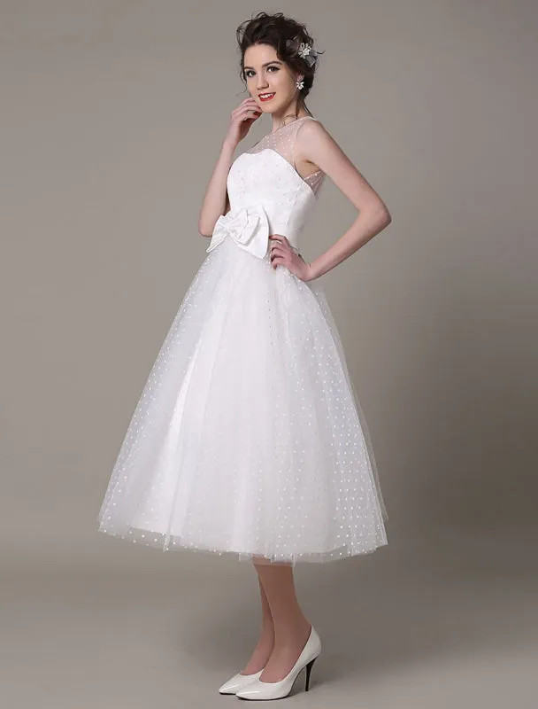Tulle Wedding Dress Strapless A-Line Tea Length Bridal Dress With Bow Exclusive