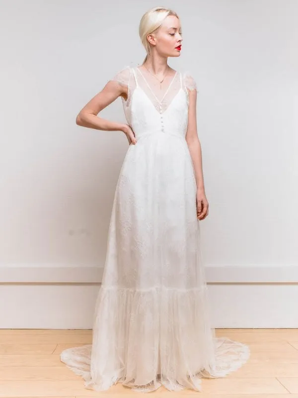 White Simple Wedding Dress Satin Fabric V-Neck Short Sleeves Backless A-Line Long Bridal Gowns