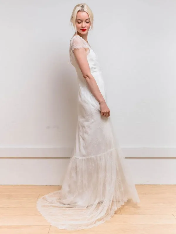 White Simple Wedding Dress Satin Fabric V-Neck Short Sleeves Backless A-Line Long Bridal Gowns