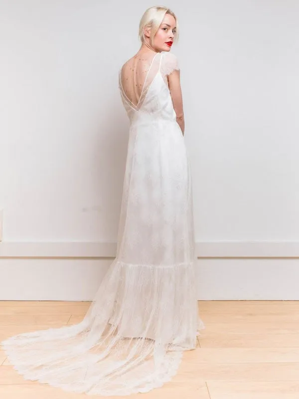 White Simple Wedding Dress Satin Fabric V-Neck Short Sleeves Backless A-Line Long Bridal Gowns