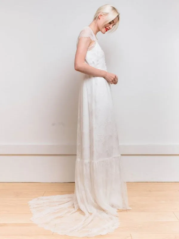 White Simple Wedding Dress Satin Fabric V-Neck Short Sleeves Backless A-Line Long Bridal Gowns