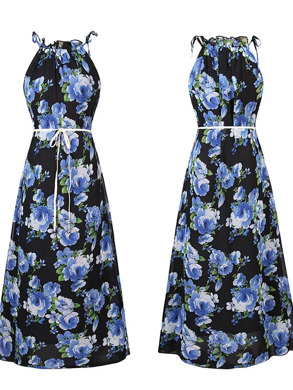 Women Sex Halter Floral Maxi Dress
